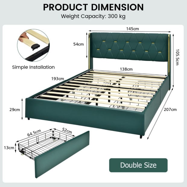 Double Size Upholstered Bed Frame With 4 Drawers - Green Image 4