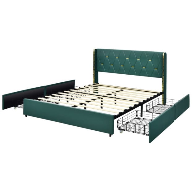 Double Size Upholstered Bed Frame With 4 Drawers - Green