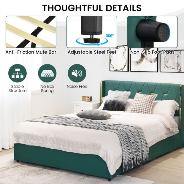 Double Size Upholstered Bed Frame With 4 Drawers - Green Image 3