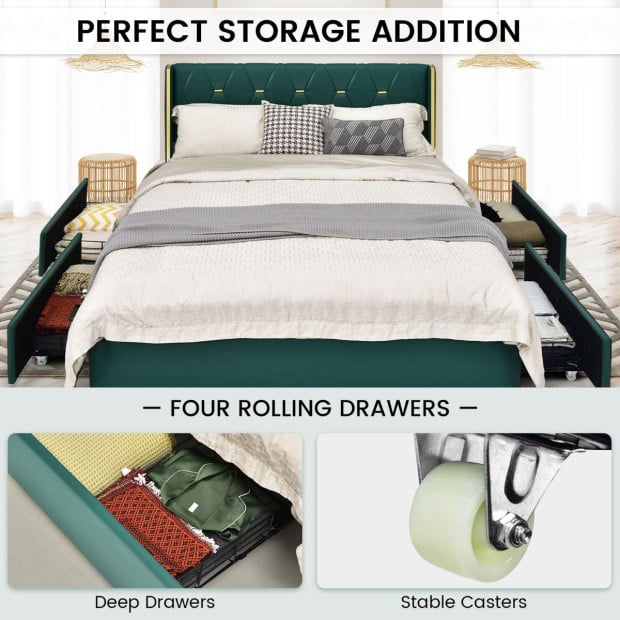 Double Size Upholstered Bed Frame With 4 Drawers - Green Image 8