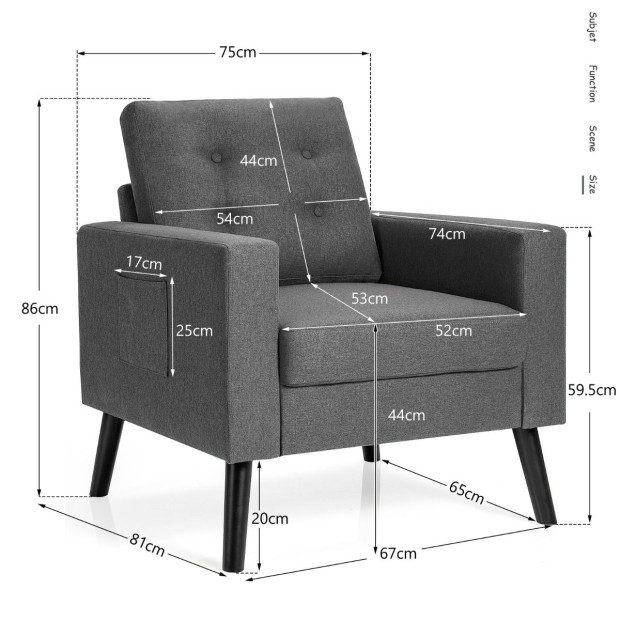Modern Single Sofa Chair With Button Tufted Back Cushion Grey