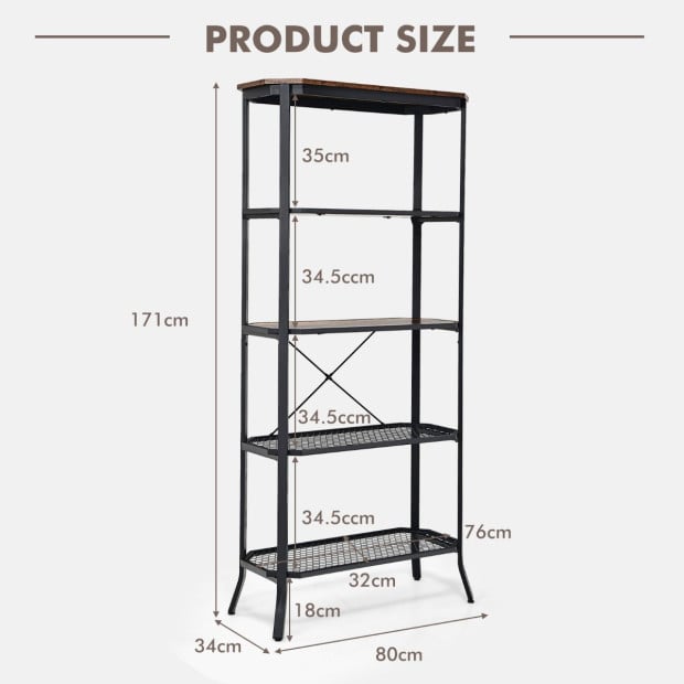 5-tier Bookshelf With Steel Frame For Living Room Black Image 4