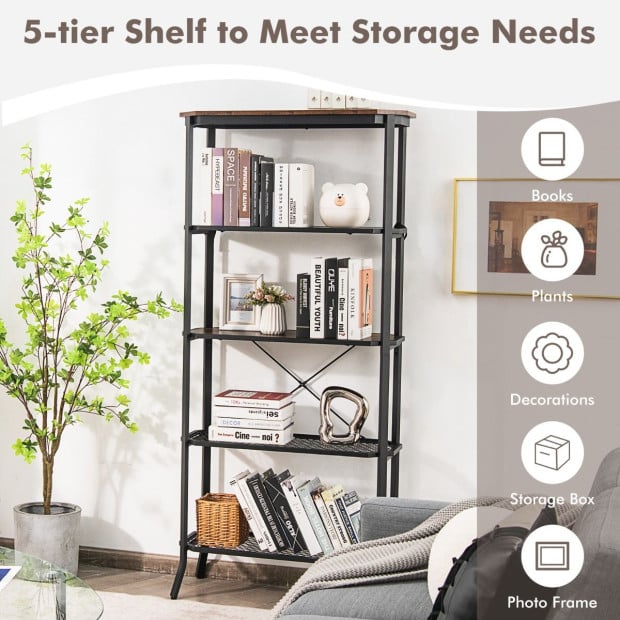 5-tier Bookshelf With Steel Frame For Living Room Black Image 3