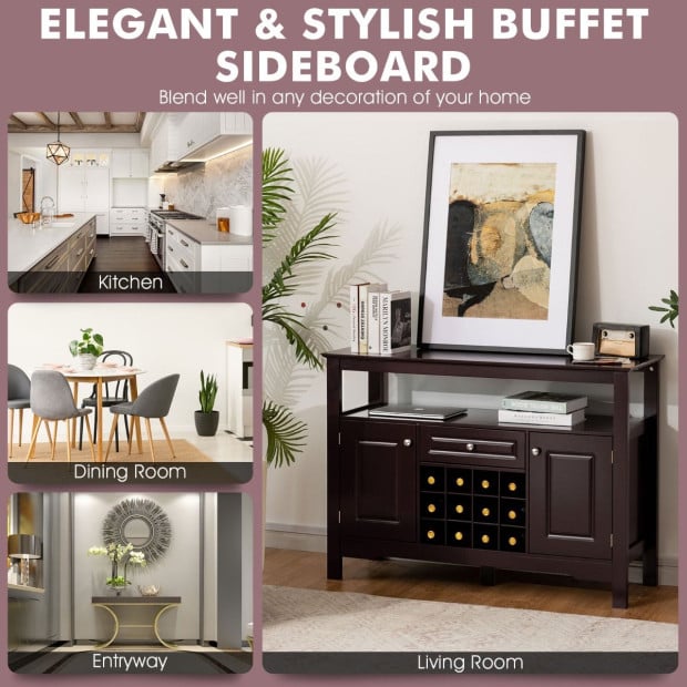 Dining Buffet Cabinet With Wine Rack & 2 Cabinets & Drawer Coffee Image 13