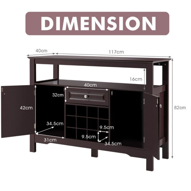 Dining Buffet Cabinet With Wine Rack & 2 Cabinets & Drawer Coffee Image 4