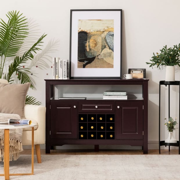 Dining Buffet Cabinet With Wine Rack & 2 Cabinets & Drawer Coffee Image 8
