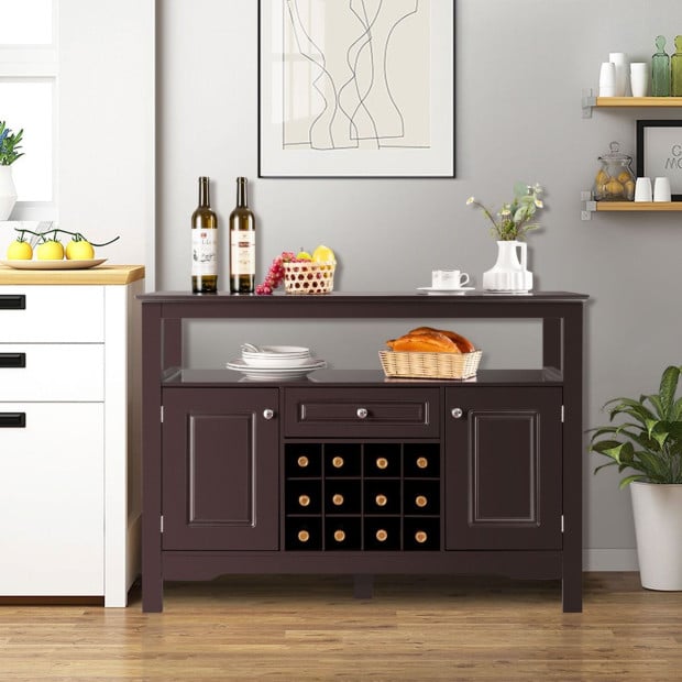 Dining Buffet Cabinet With Wine Rack & 2 Cabinets & Drawer Coffee Image 7