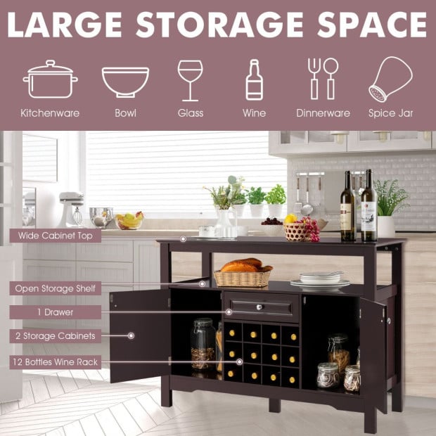 Dining Buffet Cabinet With Wine Rack & 2 Cabinets & Drawer Coffee Image 3