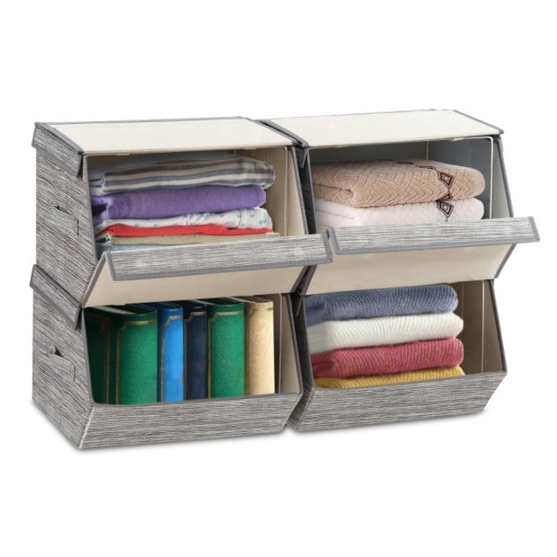 Large Stackable Bins Cubes With Lids Storage Organizers Grey Image 2