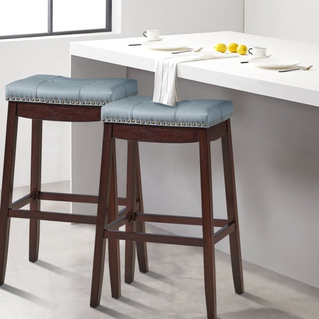 Backless Nailhead Bar Stool With Natural Rubber Wood Legs - Coffee Image 2