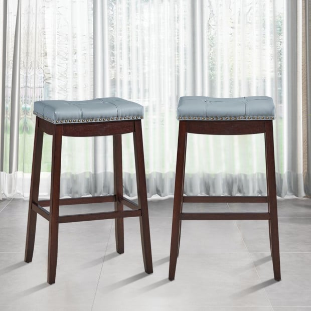 Backless Nailhead Bar Stool With Natural Rubber Wood Legs - Coffee Image 6
