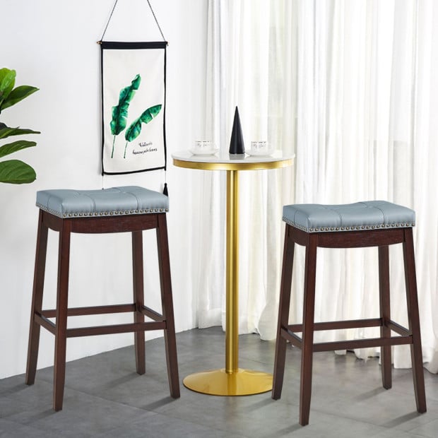 Backless Nailhead Bar Stool With Natural Rubber Wood Legs - Coffee Image 7