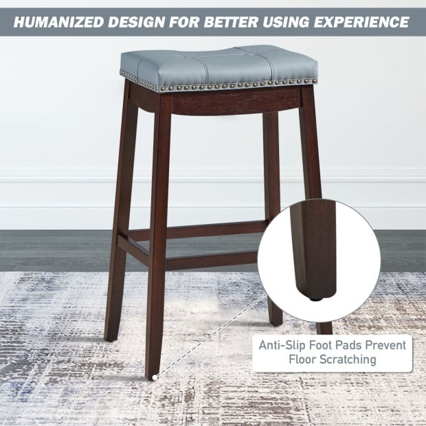 Backless Nailhead Bar Stool With Natural Rubber Wood Legs - Coffee Image 3