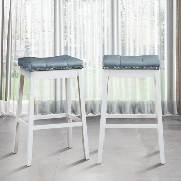 Backless Nailhead Bar Stool With Natural Rubber Wood Legs Blue Image 6