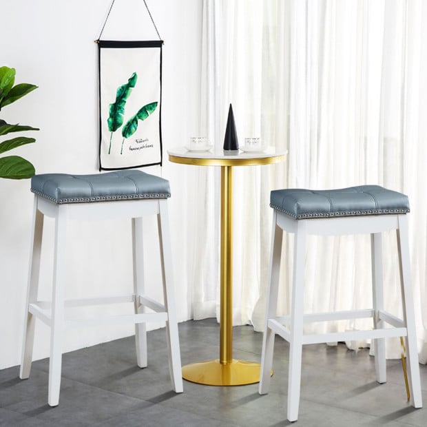 Backless Nailhead Bar Stool With Natural Rubber Wood Legs Blue Image 7