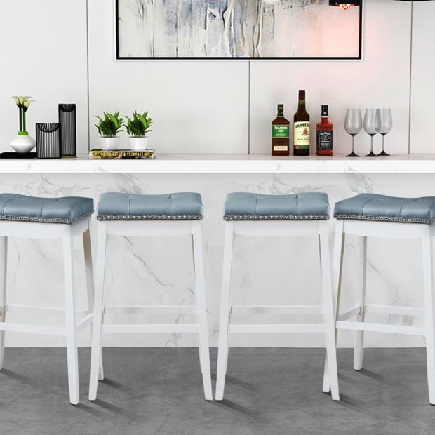 Backless Nailhead Bar Stool With Natural Rubber Wood Legs Blue Image 8