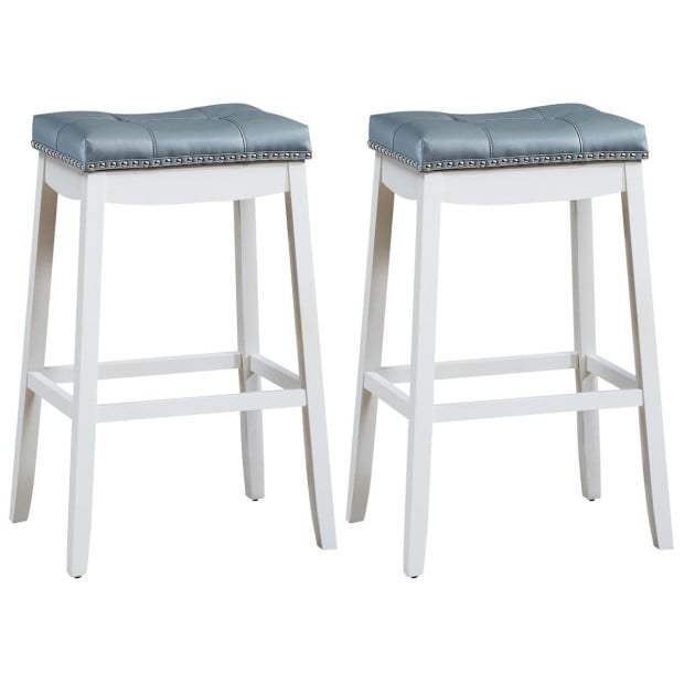 Backless Nailhead Bar Stool With Natural Rubber Wood Legs Blue