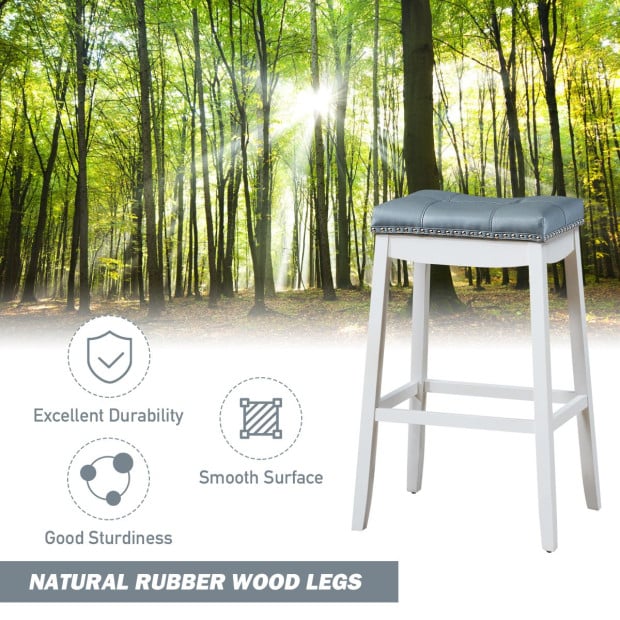 Backless Nailhead Bar Stool With Natural Rubber Wood Legs Blue Image 3