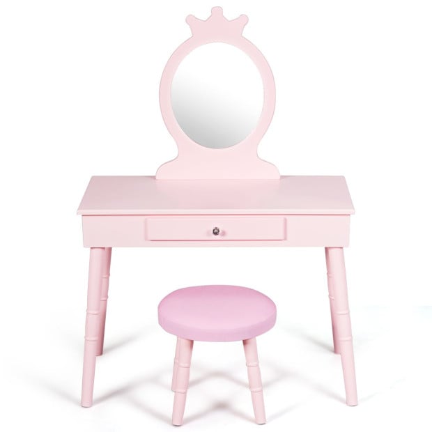 Kids Vanity Makeup Table Set With Real Mirror For Little Girls Pink
