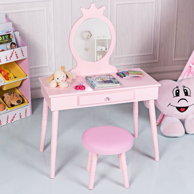 Kids Vanity Makeup Table Set With Real Mirror For Little Girls Pink Image 6