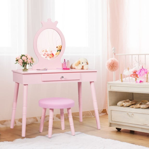 Kids Vanity Makeup Table Set With Real Mirror For Little Girls Pink Image 2