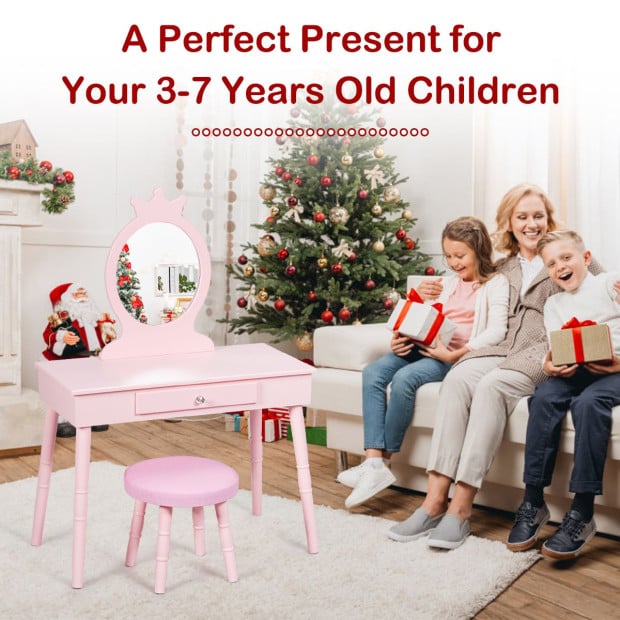 Kids Vanity Makeup Table Set With Real Mirror For Little Girls Pink Image 3