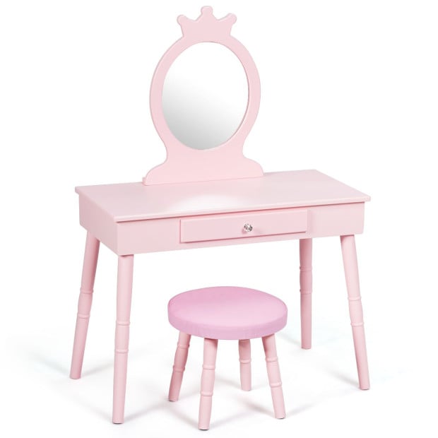 Kids Vanity Makeup Table Set With Real Mirror For Little Girls Pink Image 9