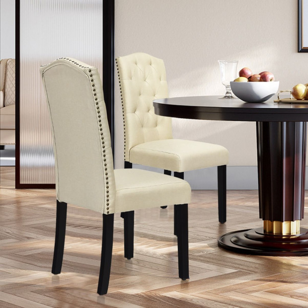 Set Of 2 Tufted Dining Chair With Rubber Wooden Leg Beige