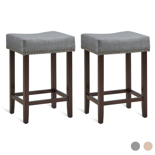 Set Of 2 Saddle Barstools With Backless Nailhead Fabric Seat Grey