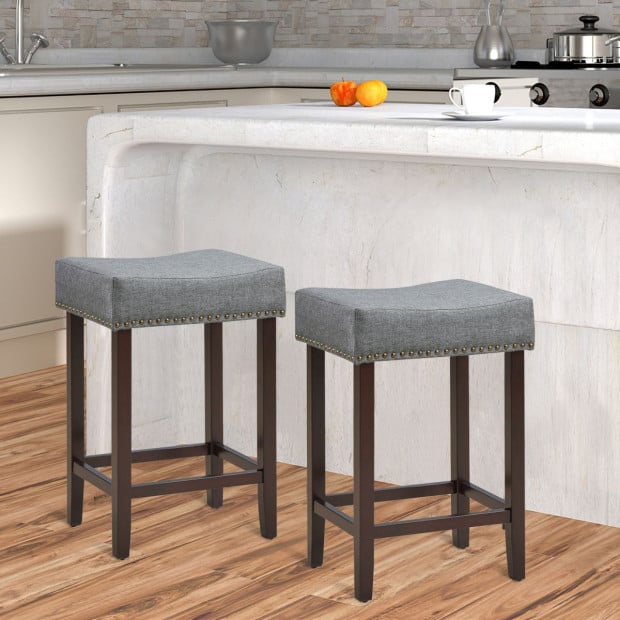 Set Of 2 Saddle Barstools With Backless Nailhead Fabric Seat Grey Image 6