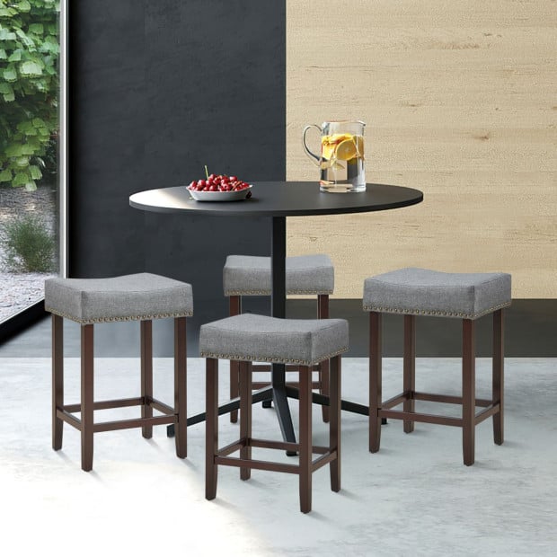 Set Of 2 Saddle Barstools With Backless Nailhead Fabric Seat Grey Image 8