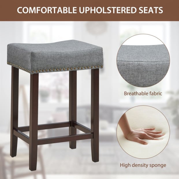 Set Of 2 Saddle Barstools With Backless Nailhead Fabric Seat Grey Image 12