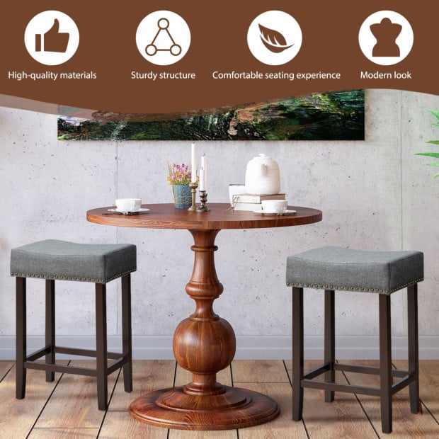 Set Of 2 Saddle Barstools With Backless Nailhead Fabric Seat Grey Image 3