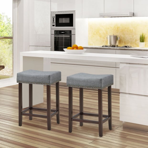 Set Of 2 Saddle Barstools With Backless Nailhead Fabric Seat Grey Image 9