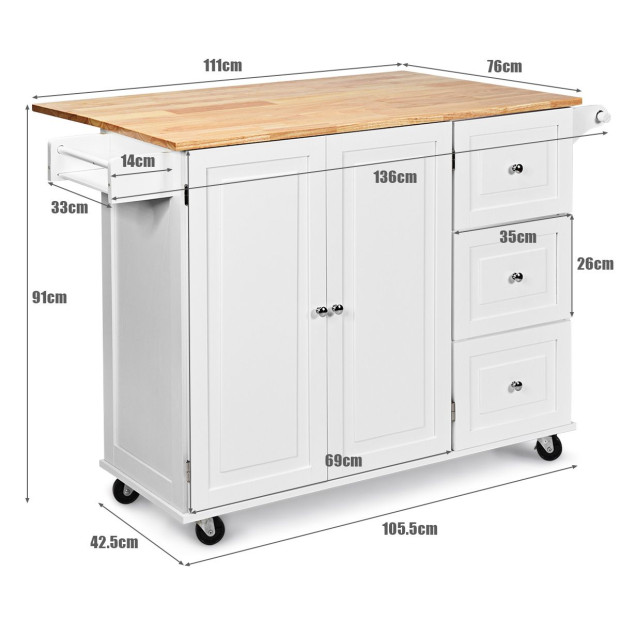 Kitchen Island Trolley With 3 Drawers & Adjustable Shelves White