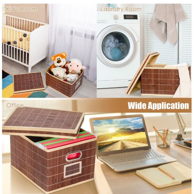 2x Folding Bamboo Storage Boxes With Removable Lids & Handles Coffee Image 10