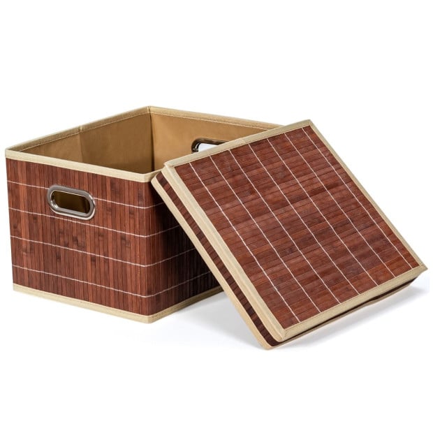 2x Folding Bamboo Storage Boxes With Removable Lids & Handles Coffee Image 6