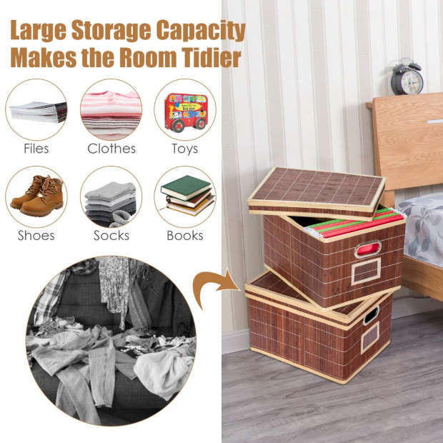 2x Folding Bamboo Storage Boxes With Removable Lids & Handles Coffee Image 3