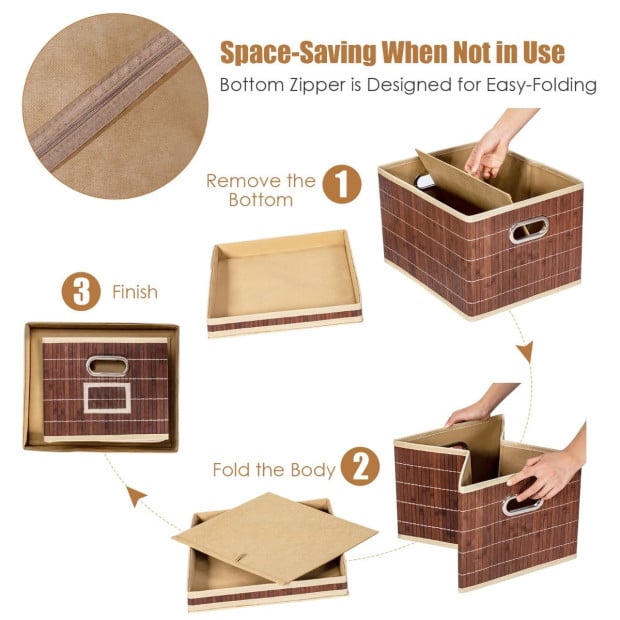 2x Folding Bamboo Storage Boxes With Removable Lids & Handles Coffee Image 5