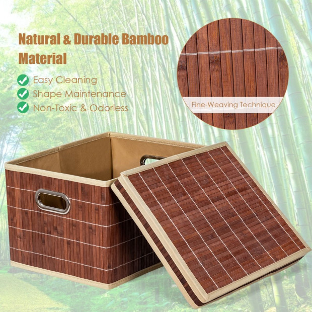 2x Folding Bamboo Storage Boxes With Removable Lids & Handles Coffee Image 9