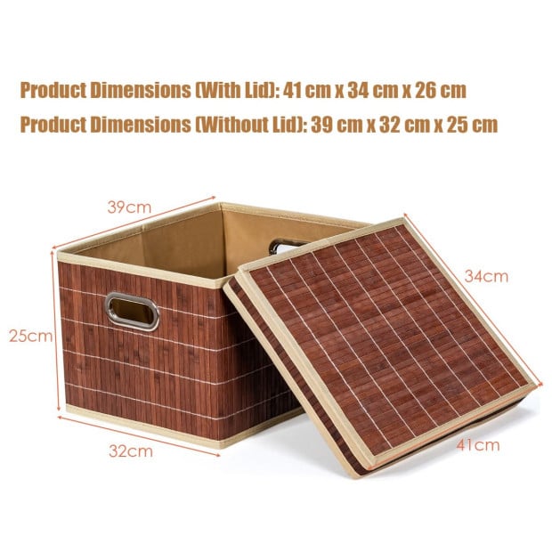 2x Folding Bamboo Storage Boxes With Removable Lids & Handles Coffee Image 4