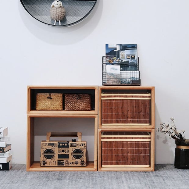 2x Folding Bamboo Storage Boxes With Removable Lids & Handles Coffee Image 2