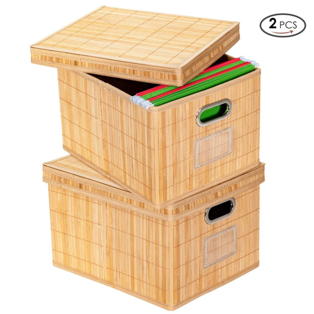 2x Folding Bamboo Storage Boxes With Removable Lids & Handlesnatural