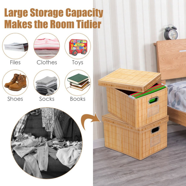 2x Folding Bamboo Storage Boxes With Removable Lids & Handlesnatural