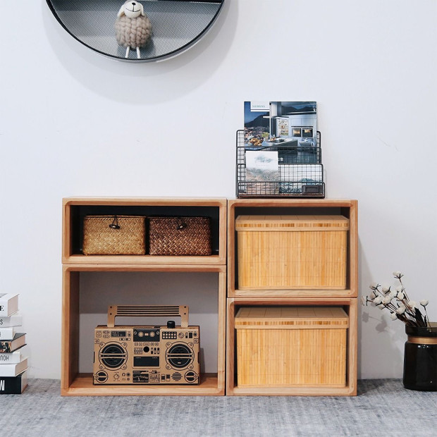 2x Folding Bamboo Storage Boxes With Removable Lids & Handlesnatural