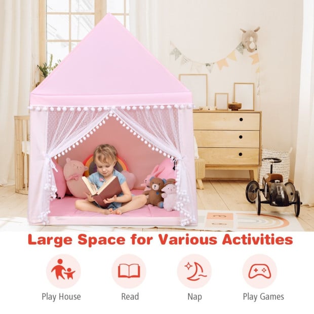 Kids Playhouse Castle With Solid Wood Frame & Cotton Mat Pink Image 3