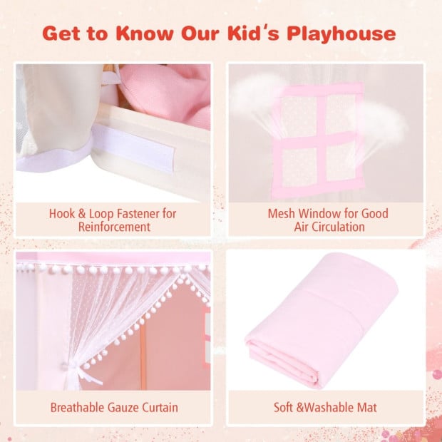 Kids Playhouse Castle With Solid Wood Frame & Cotton Mat Pink Image 10