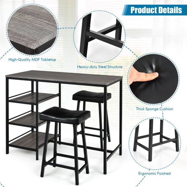 3 Pieces Modern Industrial Dining Table Set With Two Bar Stools Image 12