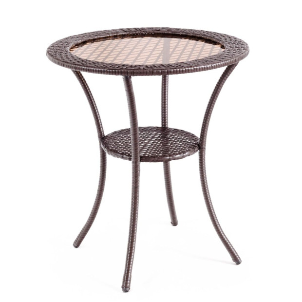 Outdoor Round Bistro Table w/ Tempered Glass Tabletop & Storage Shelf