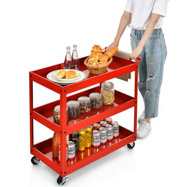 3-tier Utility Cart With Humanized Handle For Office Kitchen Red Image 9